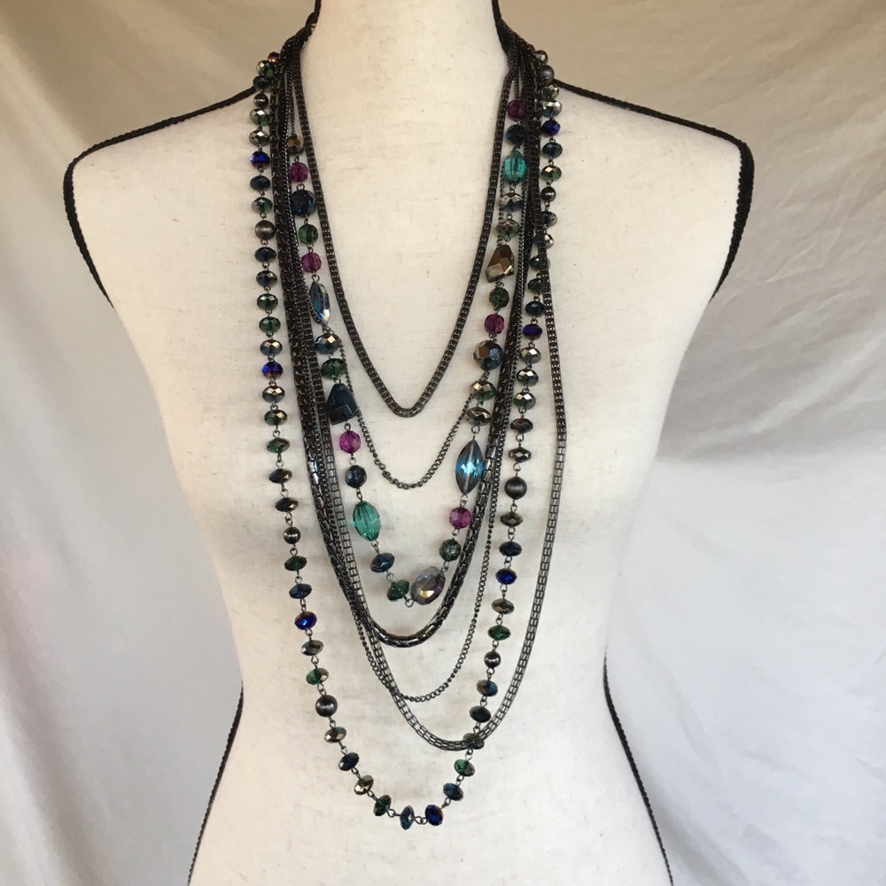 7 Strand Long Gunmetal Statement Necklace NWT